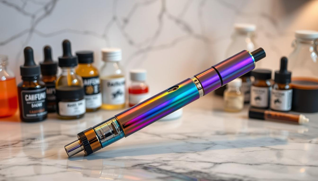 A sleek and modern dab pen resting on a marble countertop, surrounded by various concentrates.