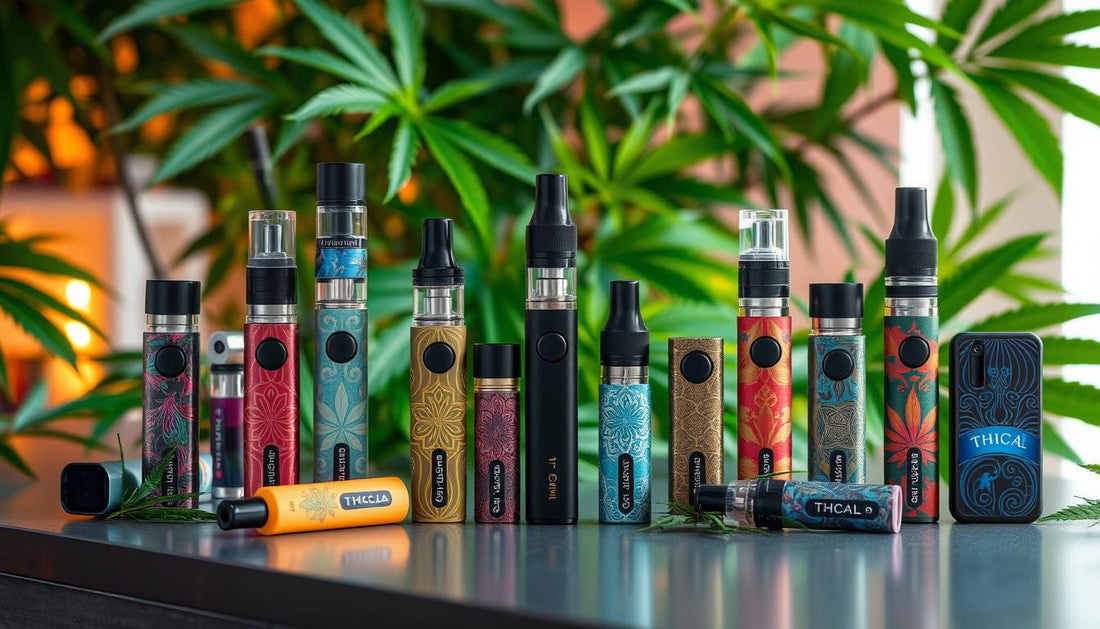 A vibrant, artistic arrangement of various THCA vape carts displayed elegantly on a sleek surface