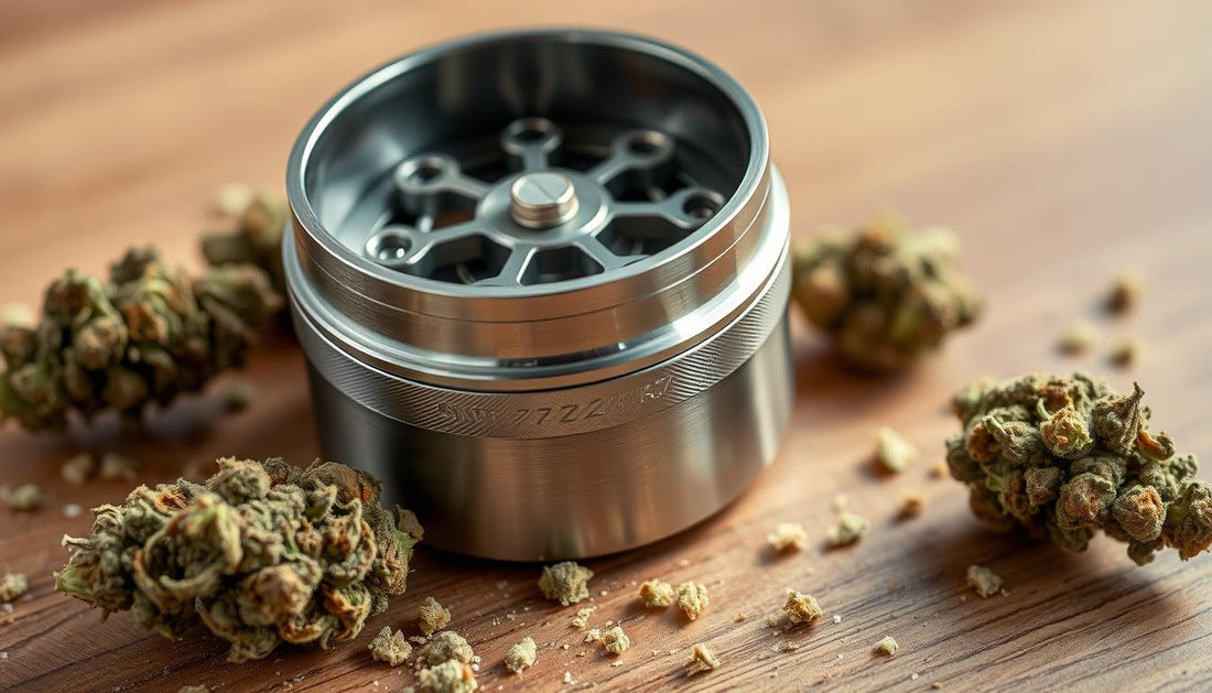 A sleek, high-quality weed grinder made of brushed aluminum with intricate detailing