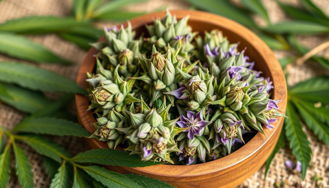 A close-up view of vibrant, lush CBD hemp buds arranged aesthetically in a wooden bowl