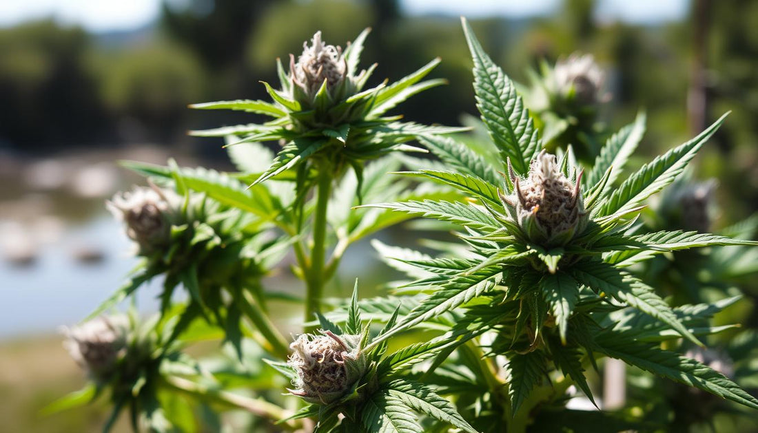 A close-up of lush, vibrant CBD hemp flowers in a natural setting, showcasing their rich green leaves and crystal-covered buds, bathed in soft sunlight with a blurred background of a serene outdoor landscape.