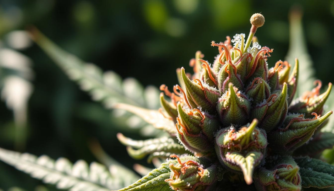 A close-up view of vibrant CBD hemp flower buds, showcasing rich green hues intertwined with delicate purple and orange pistils