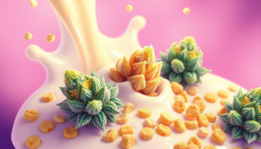 A vibrant and colorful illustration of cannabis buds resembling cereal grains, surrounded by a swirl of creamy milk.