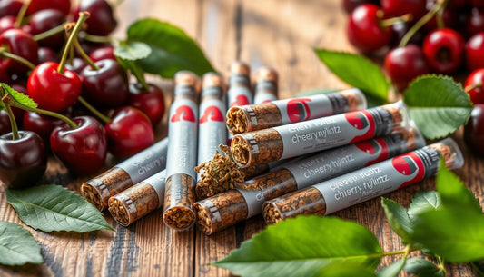 A vibrant arrangement of Cherry Runtz THCA pre-rolls displayed elegantly on a wooden surface, surrounded by fresh cherries and lush green leaves