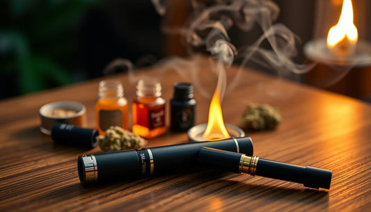 A sleek, modern dab pen resting on a stylish wooden table, surrounded by colorful cannabis concentrates and a glowing ember, with gentle smoke swirling around in the background, soft ambient lighting creating a relaxing atmosphere.