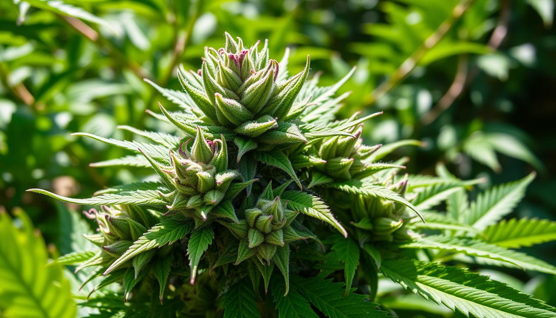 Vibrant green cannabis buds with purple accents, showcasing dense trichomes