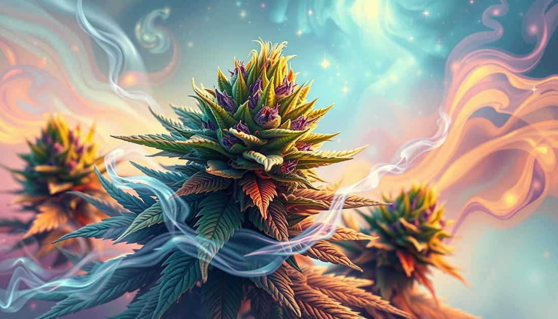 A vibrant visualization of the Jealousy cannabis strain, featuring lush green buds with purple and orange accents