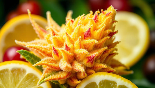 Vibrant close-up of Lemon Cherry Gelato THCA flower, showcasing its lush, frosty buds with bright yellow and deep red hues