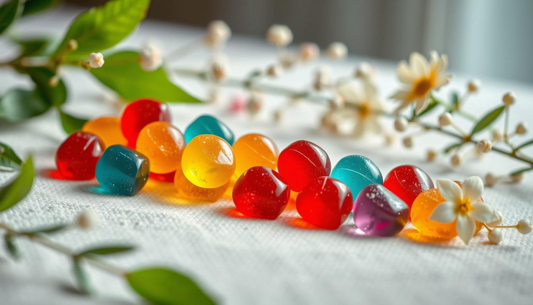 A serene setting featuring a close-up of colorful muscimol gummies arranged elegantly on a soft, textured surface, surrounded by natural elements like green leaves and delicate flowers