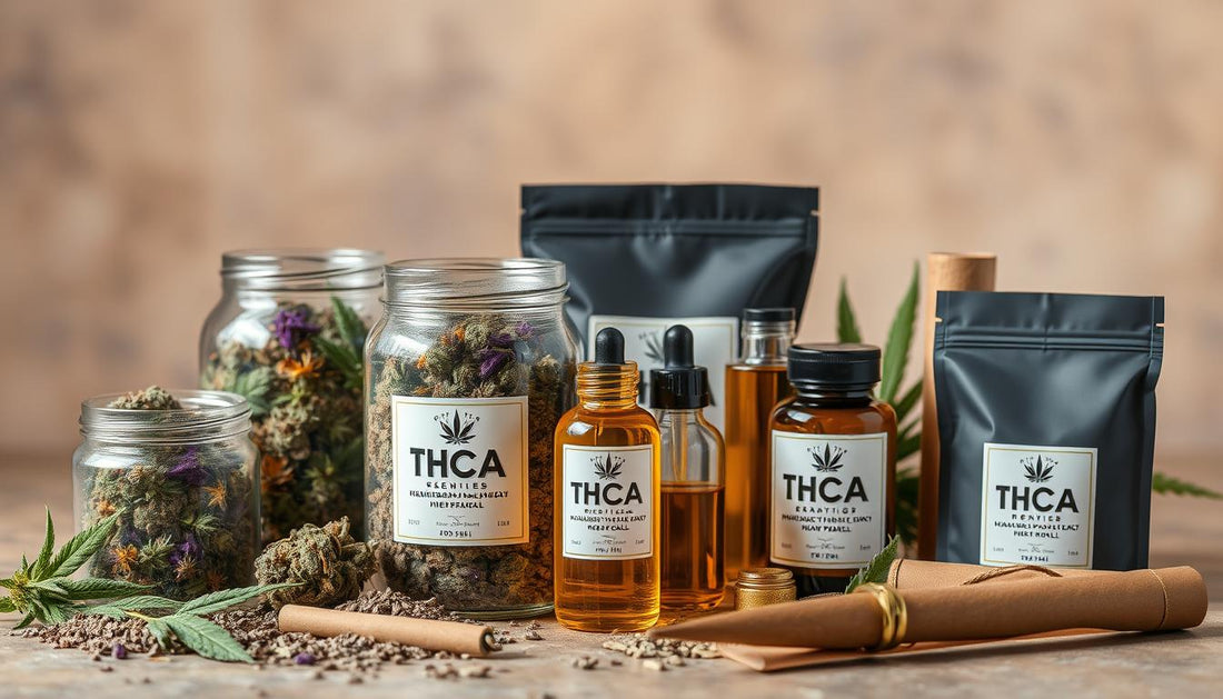 A vibrant display of premium THCA hemp products arranged artistically, featuring jars filled with colorful hemp flowers