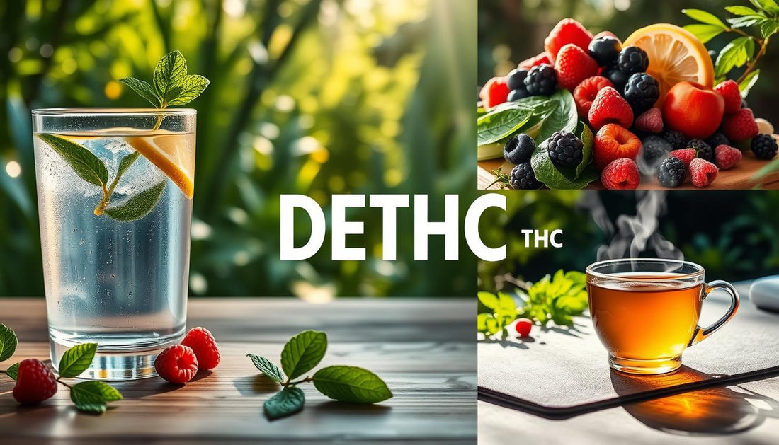 A vibrant and serene scene depicting various natural detox methods for Delta 9 THC, including a clear glass of water infused with lemon and mint, fresh fruits and vegetables like berries