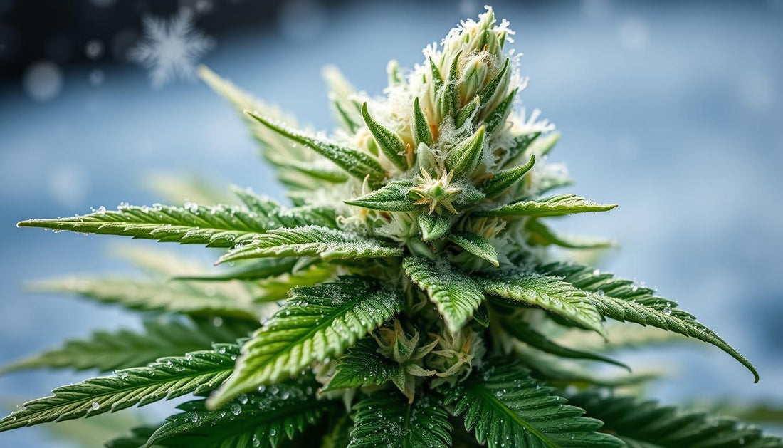 A close-up view of a vibrant cannabis plant showcasing the Snow Caps strain