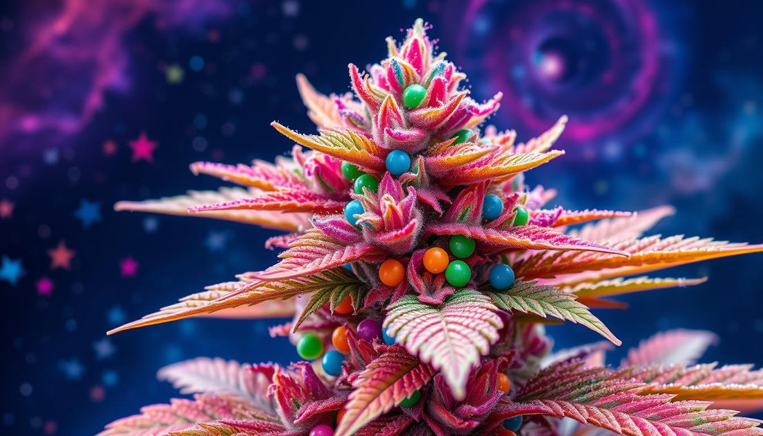 A vibrant, colorful cannabis plant with dense, multi-colored buds resembling candy, set against a cosmic backdrop filled with stars and galaxies