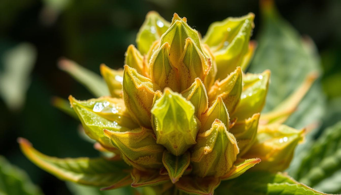 Close-up of vibrant, crystalline THCA flower buds glistening under soft natural light, showcasing rich green hues mixed with hints of purple and orange.