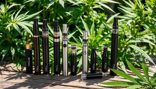 A collection of sleek THCA vape pens and cartridges elegantly displayed on a rustic wooden table surrounded by vibrant green hemp plants