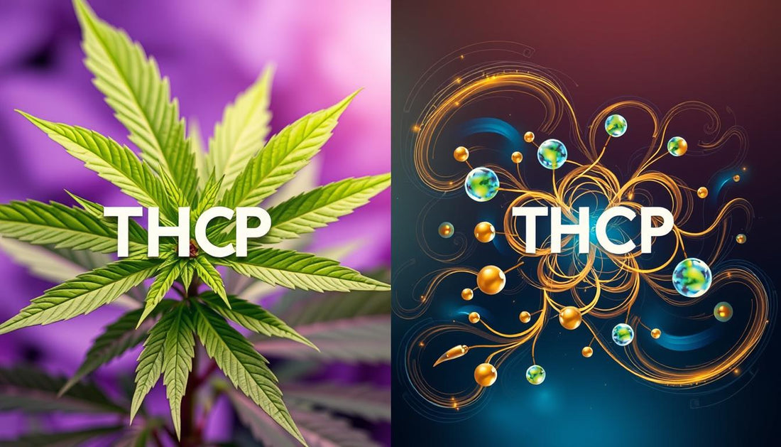 A split image showcasing two cannabis compounds, THCP and THC.