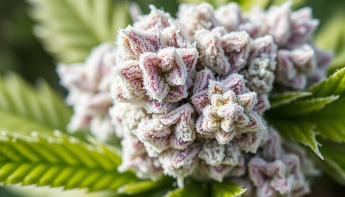 Close-up of luxurious White Runtz cannabis buds with dense, frosty trichomes and vibrant white and purple hues, set against a softly blurred background of green leaves, natural lighting highlighting the rich textures and colors.